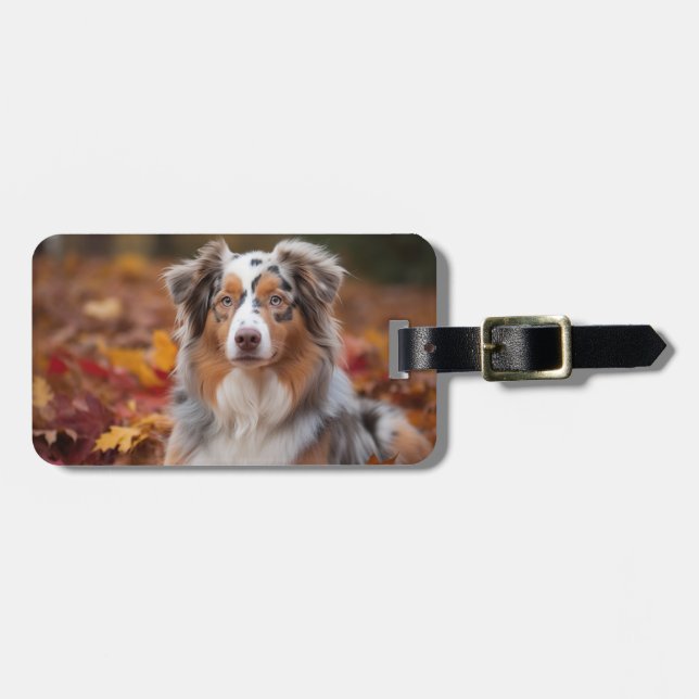 Australian Shepherd i höstlöv Fall Inspire Bagagebricka (Horisontell Framsida)