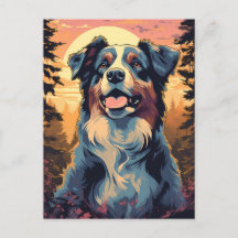 Australian-Shepherd i skogen under solnedgången