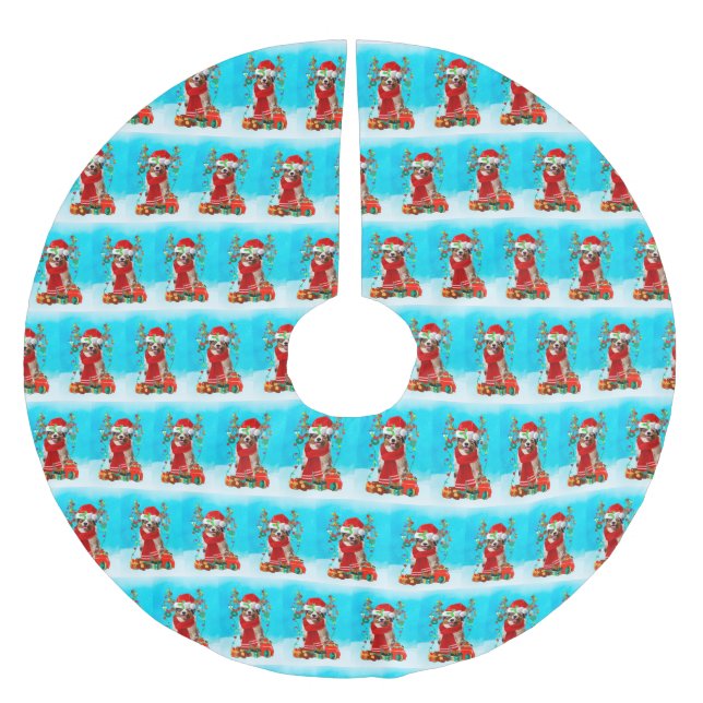 Australian shepherd i snö med julklappar julgransmatta borstad polyester (Framsidan)