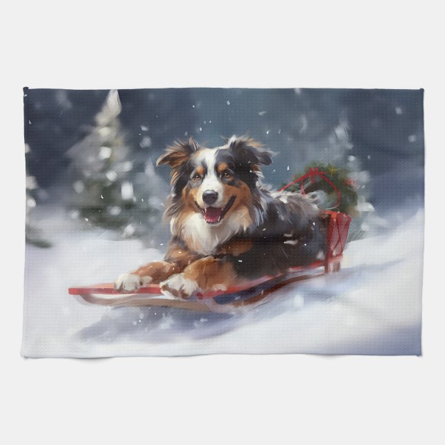 Australian shepherd jul i snö kökshandduk (Horisontell)