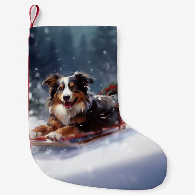 Australian shepherd jul i snö liten julstrumpa (Framsidan)