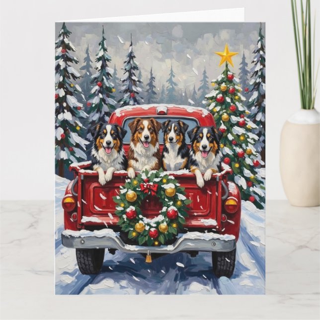 Australian Shepherd Jul Röd Lastbil Holiday Kort (Framsida)