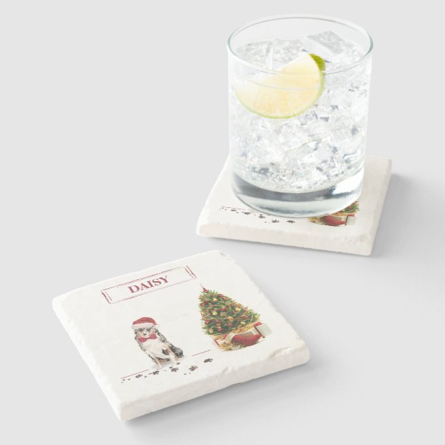 Australian shepherd-julen Hund med Träd Stenunderlägg (Sidan)