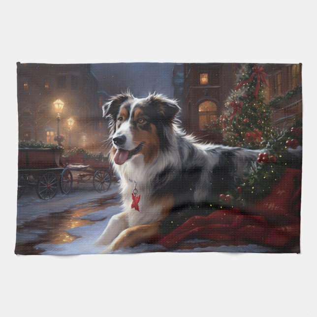 Australian Shepherd Julhögtidssäsong Kökshandduk (Horisontell)