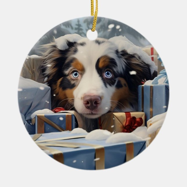 Australian shepherd-julklump,hund-minnespresent,gö julgransprydnad keramik (Framsidan)
