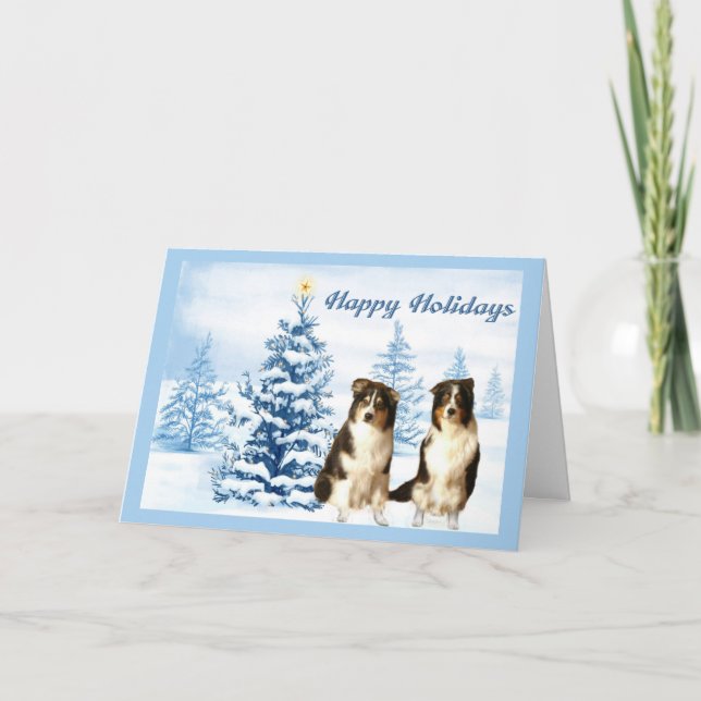 Australian shepherd julkort blått Träd Helgkort (Framsida)