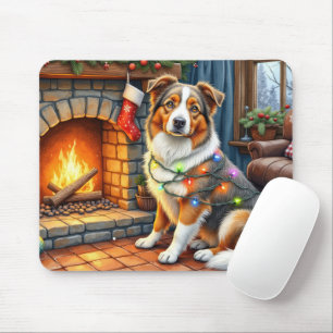 Australian Shepherd Kamin med julbelysning Musmatta