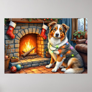 Australian Shepherd Kamin med julbelysning Poster