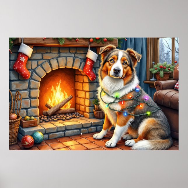 Australian Shepherd Kamin med julbelysning Poster (Framsidan)