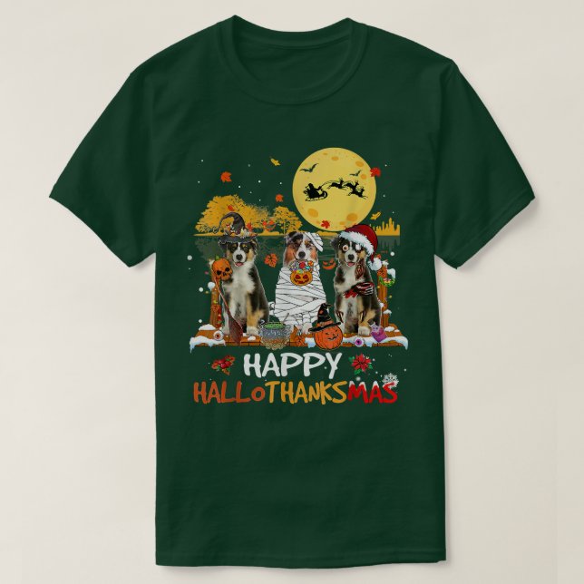 Australian shepherd Lycklig Hallothanksmas Hallowe T Shirt (Design framsida)