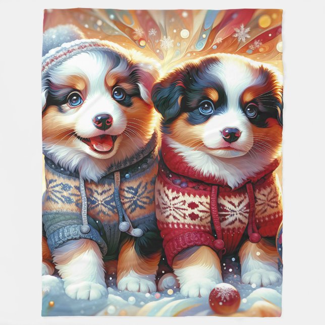 "Australian shepherd marionerna" Första snöfallet" Fleecefilt (Framsidan)