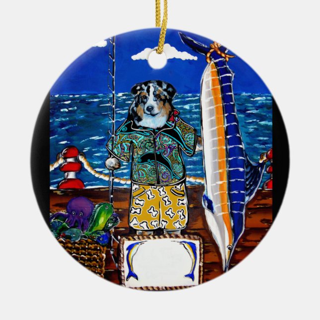 Australian Shepherd Marlin Fiske Julgransprydnad Keramik (Framsidan)
