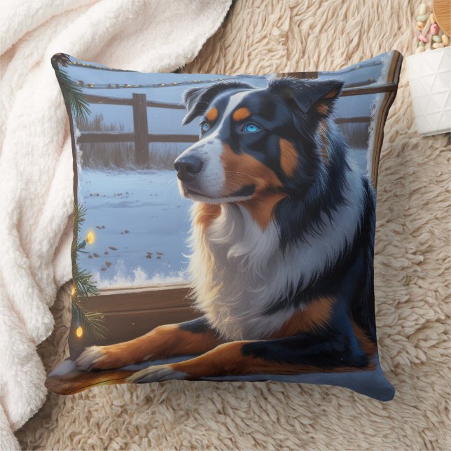 Australian Shepherd med julbelysning Holiday Kudde (Filt)