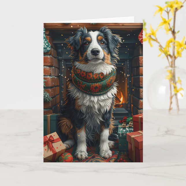 Australian Shepherd med julklappar öppen spis Kort (Gul blomma)