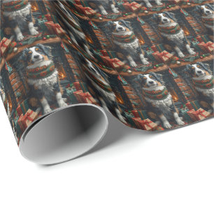 Australian Shepherd med julklappar öppen spis Presentpapper