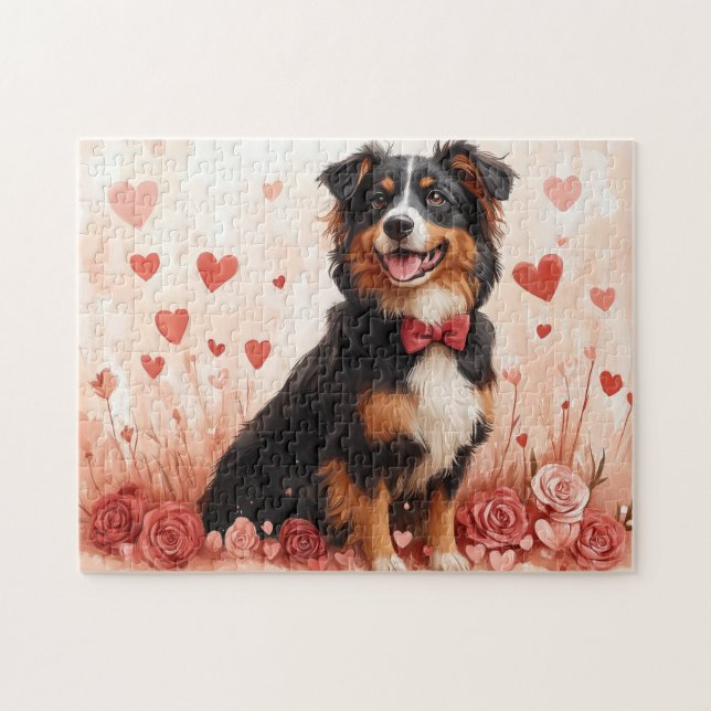 Australian shepherd med Ro - Alla hjärtans dag Pussel (Horisontell)