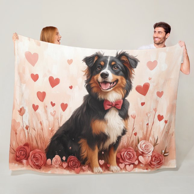 Australian Shepherd med rosor - Alla hjärtans dag  Fleecefilt (På plats)