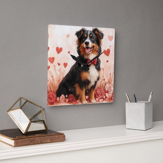 Australian Shepherd med rosor - Alla hjärtans dag  Fyrkantig Klocka (Kontor)