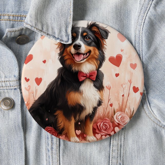 Australian Shepherd med rosor - Alla hjärtans dag  Knapp (In Situ)