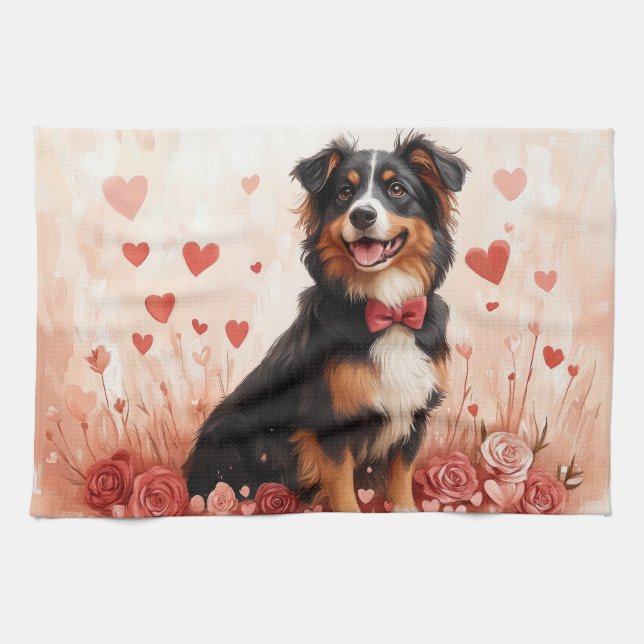 Australian Shepherd med rosor - Alla hjärtans dag  Kökshandduk (Horisontell)