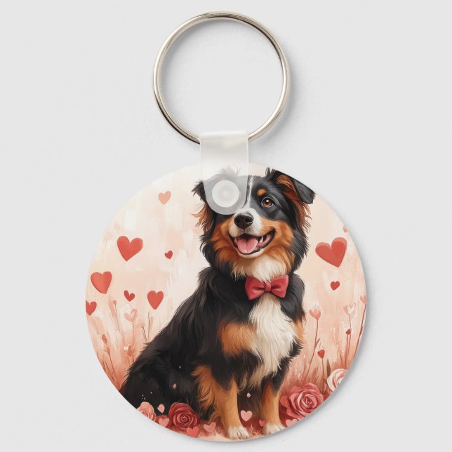 Australian Shepherd med rosor - Alla hjärtans dag  Nyckelring (Framsida)