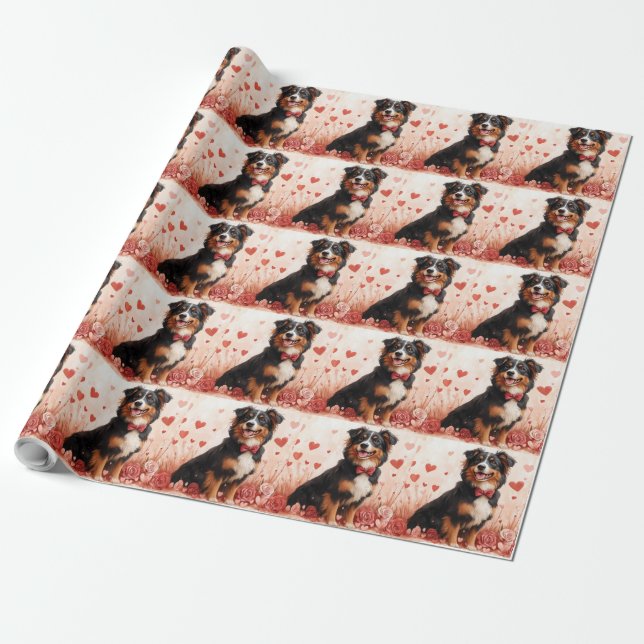 Australian Shepherd med rosor - Alla hjärtans dag  Presentpapper (Utrullad)