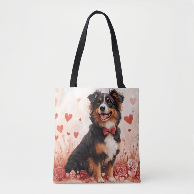 Australian Shepherd med rosor - Alla hjärtans dag  Tygkasse (Framsida)