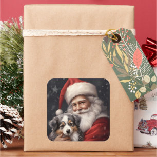 Australian Shepherd med tomte jul Fyrkantigt Klistermärke