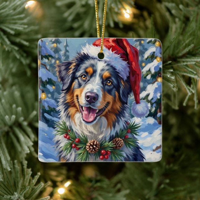 Australian Shepherd Merle Winter Christmas Art Julgransprydnad Keramik (Träd)