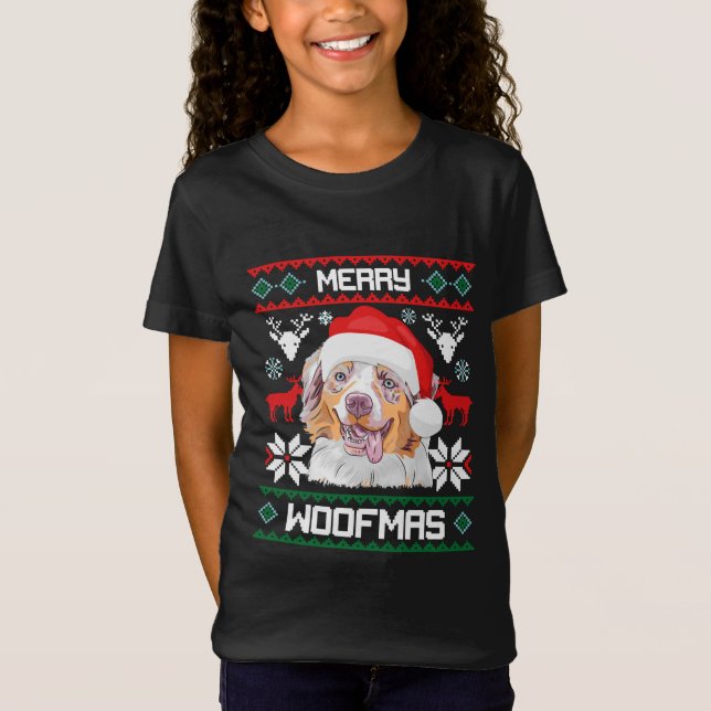 Australian Shepherd Merry Woofmas Dog Christmas T Shirt (Framsida)