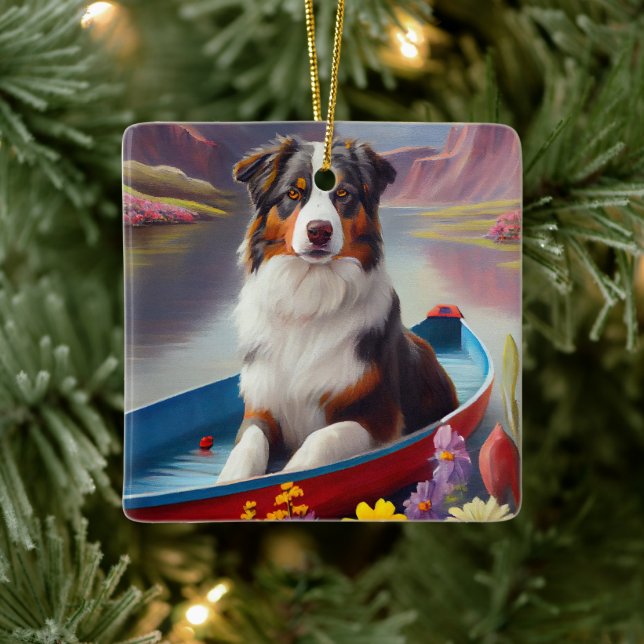 Australian shepherd på Paddle: en scen Äventyr Julgransprydnad Keramik (Träd)
