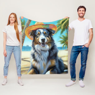 Australian shepherd på sommargåva vid Beach hund ä Fleecefilt