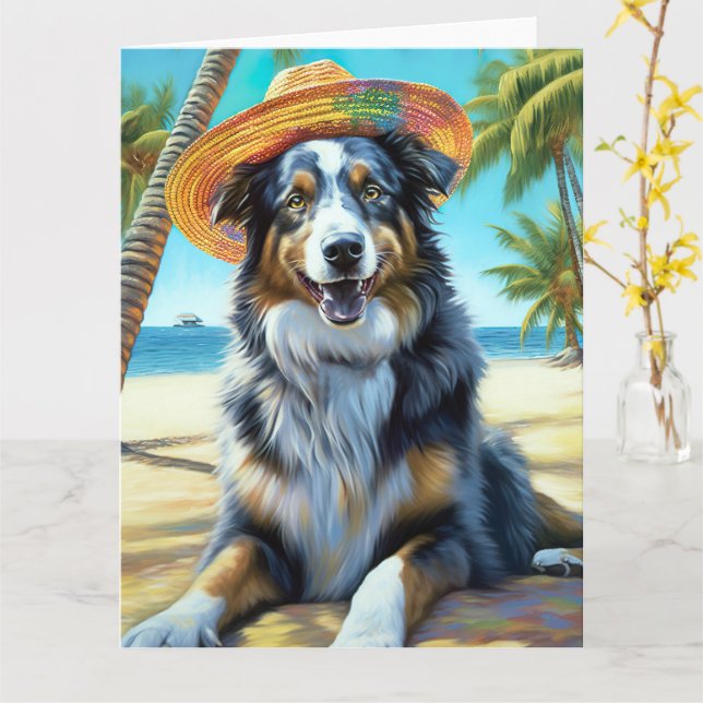 Australian shepherd på sommargåva vid Beach hund ä Kort (Gul blomma)