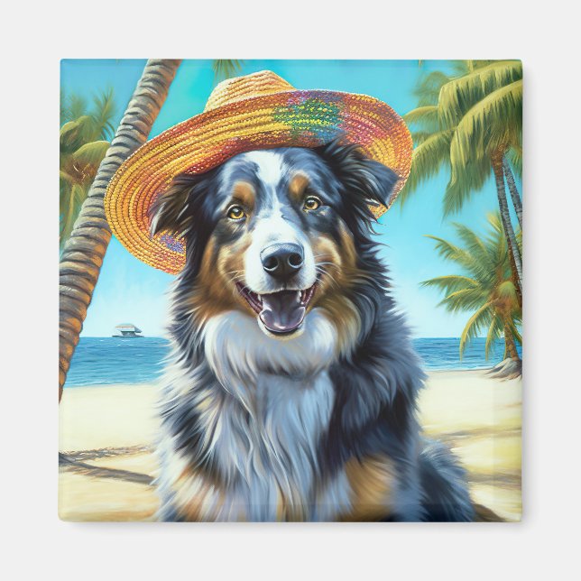 Australian shepherd på sommargåva vid Beach hund ä Magnet (Framsidan)