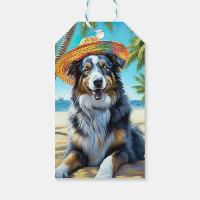 Australian shepherd på sommargåva vid Beach hund ä Presentetikett (Baksidan)