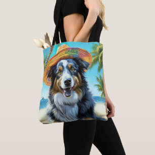 Australian shepherd på sommargåva vid Beach hund ä Tygkasse