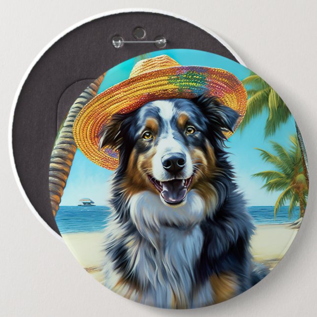 Australian Shepherd på strand hundälskare sommarpr Knapp (Framsida & baksida)