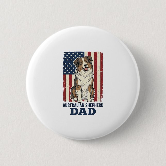 Australian Shepherd Pappa Patriotisk Vintage Vekto Knapp (Framsida)