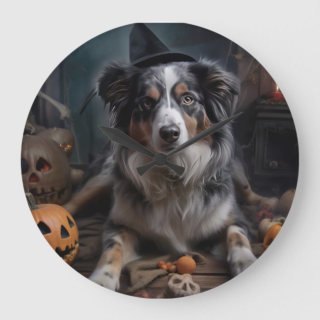 Australian Shepherd Pumpa Halloween Skräckinjagand Stor Klocka (Framsida)