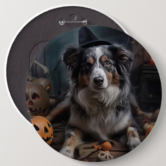 Australian Shepherd Pumpak Halloween Skräckinjagan Knapp (Framsida & baksida)
