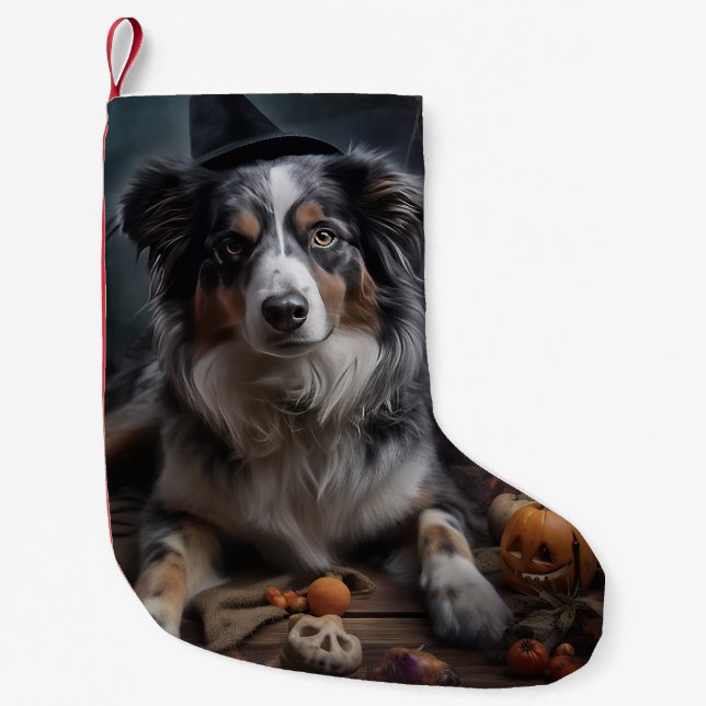 Australian Shepherd Pumpak Halloween Skräckinjagan Liten Julstrumpa (Framsidan)