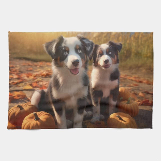 Australian shepherd Pumpkin för höstdelight Kökshandduk (Horisontell)
