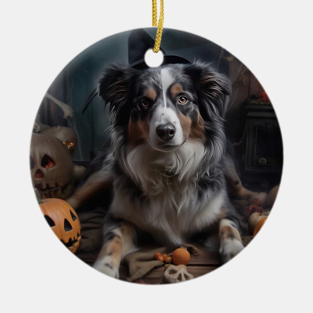 Australian shepherd Pumpkins Halloween Scary Julgransprydnad Keramik (Framsidan)