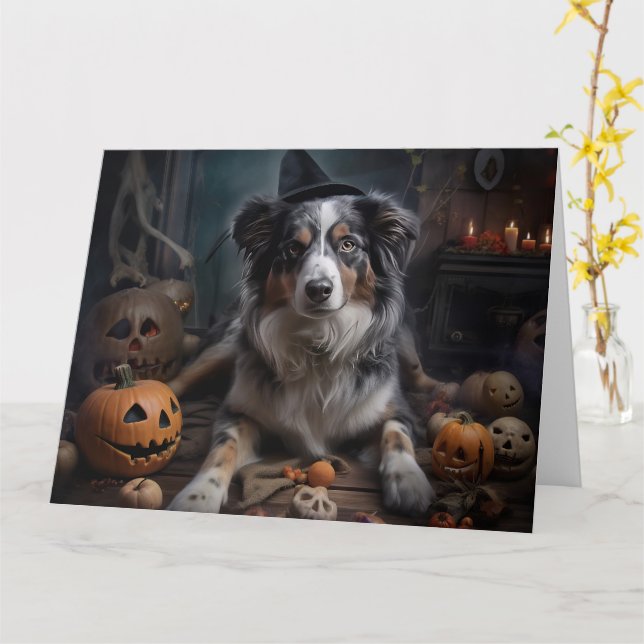 Australian shepherd Pumpkins Halloween Scary Kort (Gul blomma)