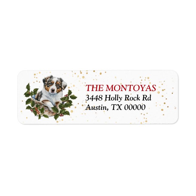 Australian shepherd Puppy Basket Returadress Etikett (Framsidan)