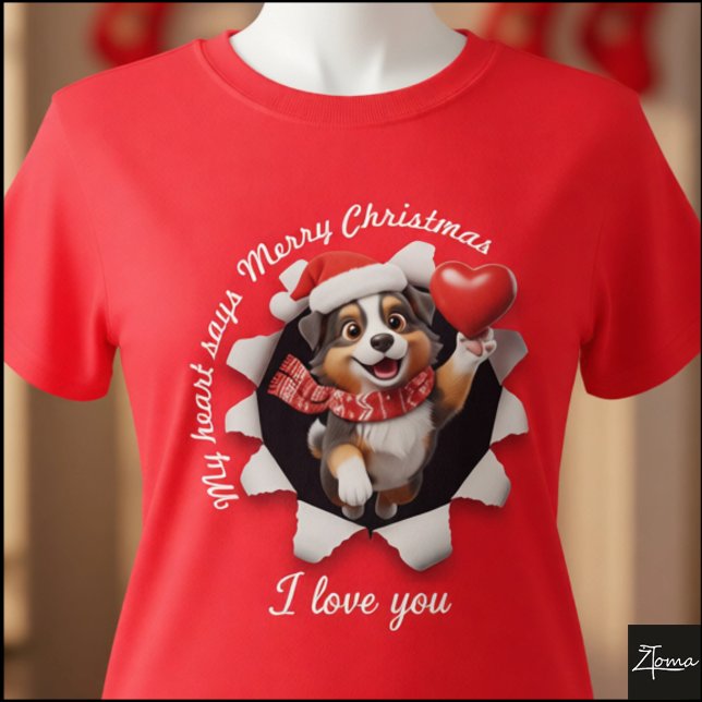Australian Shepherd Puppy Christmas Heart Scarf T Shirt (Skapare uppladdad)