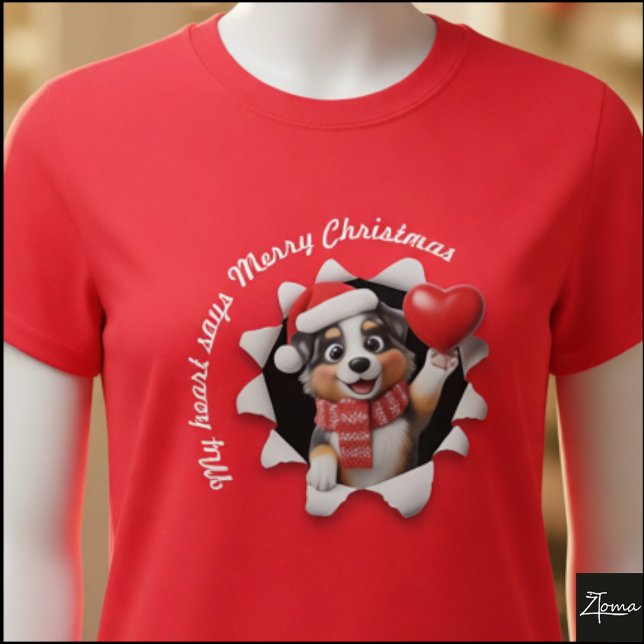 Australian Shepherd Puppy Christmas Heart Scarf T Shirt (Skapare uppladdad)