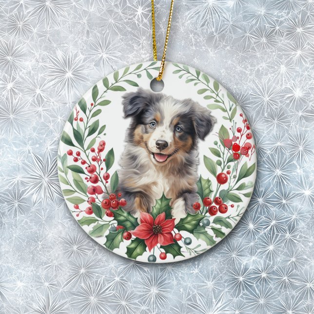 Australian shepherd Puppy Poinsettia Wandan Julgransprydnad Keramik (Skapare uppladdad)