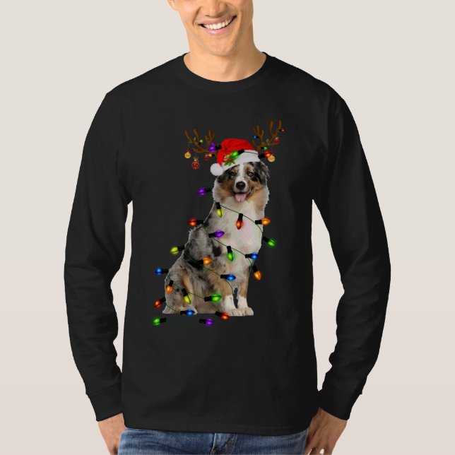 Australian shepherd Reindeer jul Ljus Funn T Shirt (Framsida)
