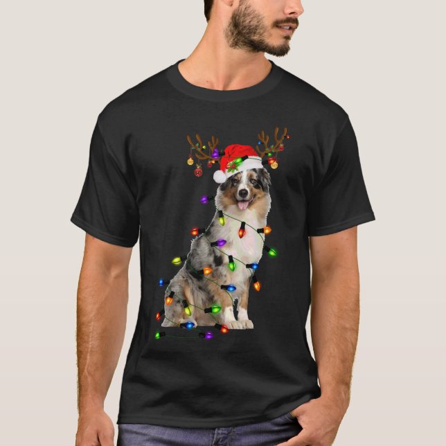 Australian shepherd Reindeer jul Ljus Funn T Shirt (Framsida)
